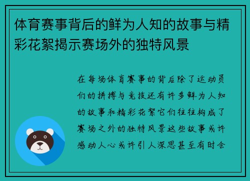 体育赛事背后的鲜为人知的故事与精彩花絮揭示赛场外的独特风景